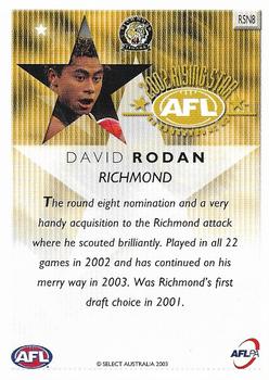 2003 Select XL Ultra AFL - Rising Star Nominees 2002 #RSN8 David Rodan Back
